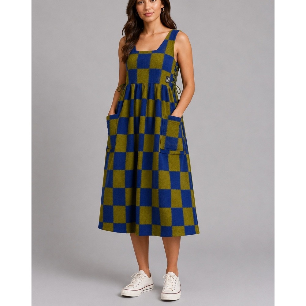 House of FLINT Check It Dress Womens OS Blue Wool Blend Checkered Pinafore Midi